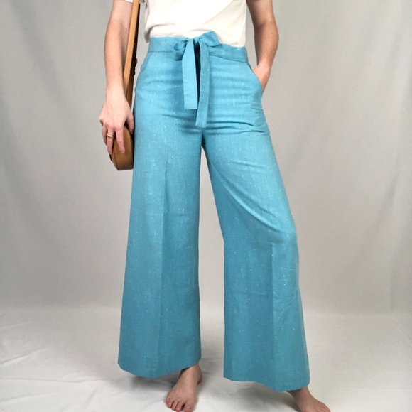 Vintage 70s Linen High Rise Flare Wide Leg Belted Bell Botton Blue Trouser Pants - Picture 8 of 8